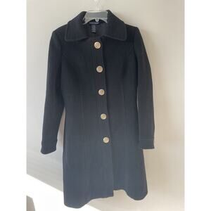 VTG Boston Proper Wool Coat Womens Black Gold Accent Old Money Preppy Peacoat